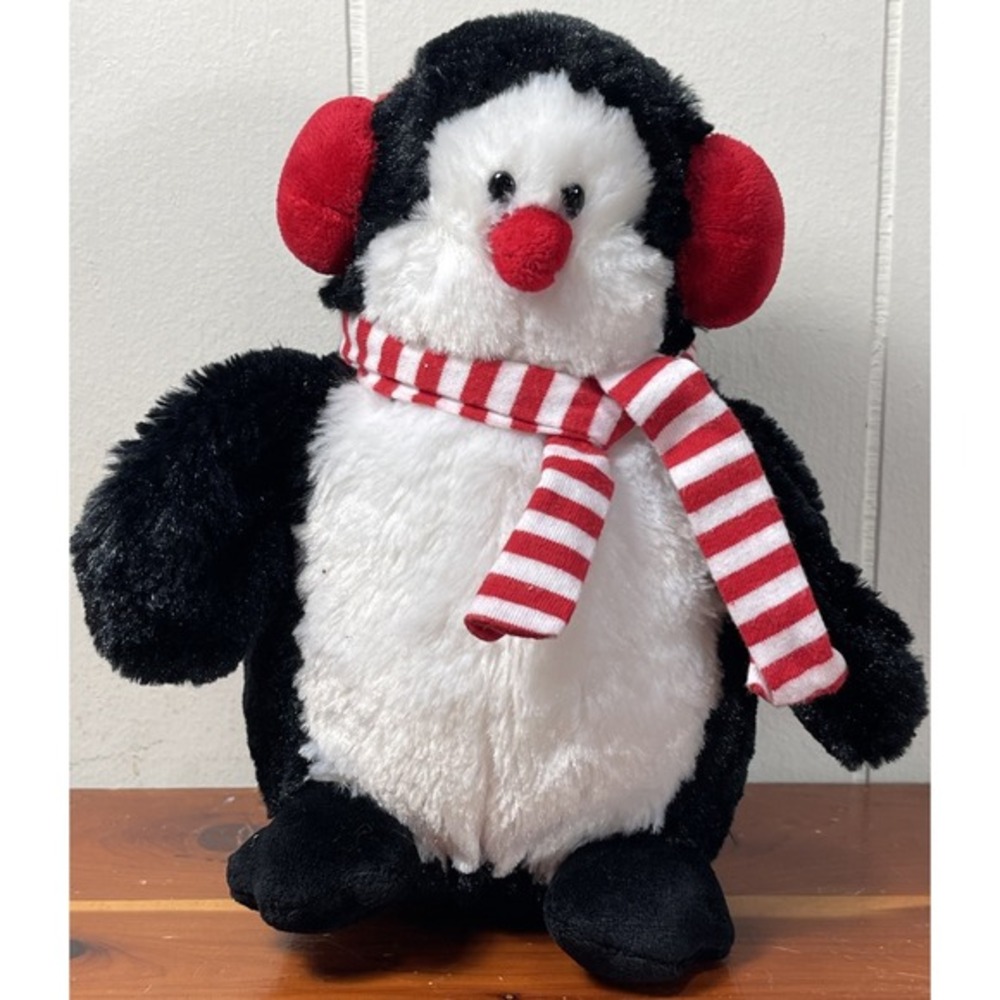 Gund Christmas Penguin  (Petey 046968) With Scarf and Earmuffs 8.5 in tall‎